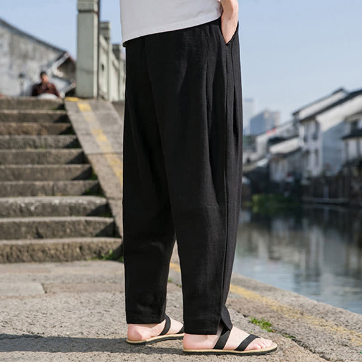 Buddha Stones Spring Summer Casual Minimalist Drawstring Solid Ramie Ankle Pants Men's Harem Pants With Pocket - image 10