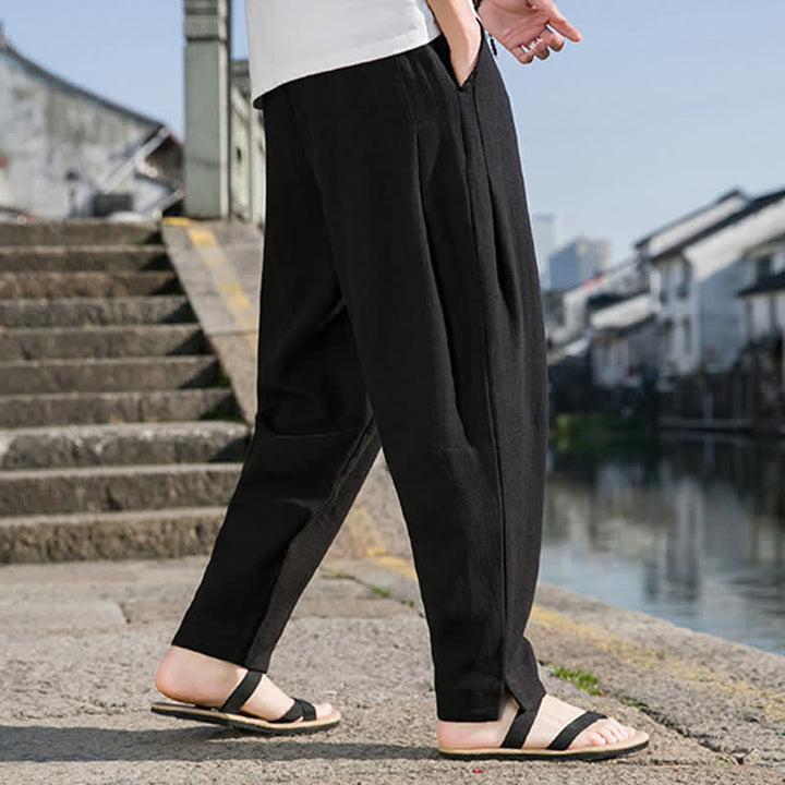 Buddha Stones Spring Summer Casual Minimalist Drawstring Solid Ramie Ankle Pants Men's Harem Pants With Pocket - image 11