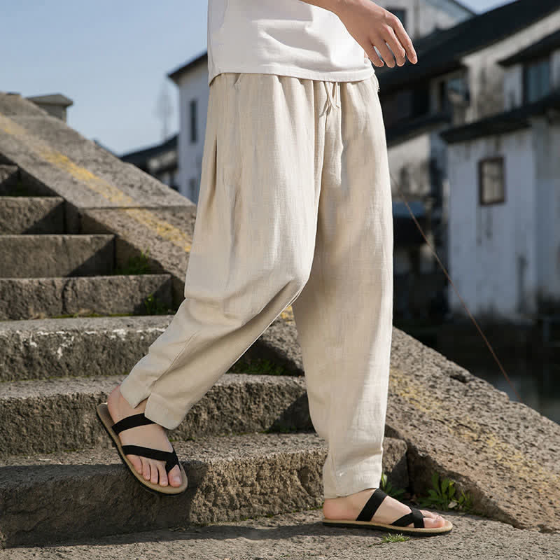 Buddha Stones Spring Summer Casual Minimalist Drawstring Solid Ramie Ankle Pants Men's Harem Pants With Pocket - AntiqueWhite - US/UK/AU44，EU54 (4XL) - image 0