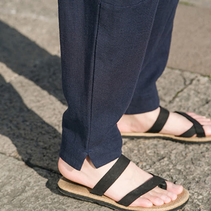 Buddha Stones Spring Summer Casual Minimalist Drawstring Solid Ramie Ankle Pants Men's Harem Pants With Pocket - image 20