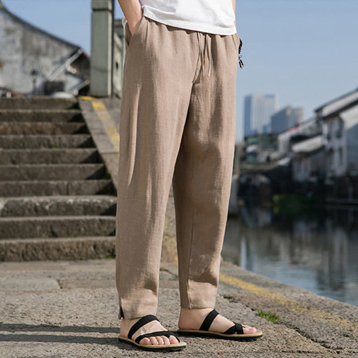 Buddha Stones Spring Summer Casual Minimalist Drawstring Solid Ramie Ankle Pants Men's Harem Pants With Pocket - image 22