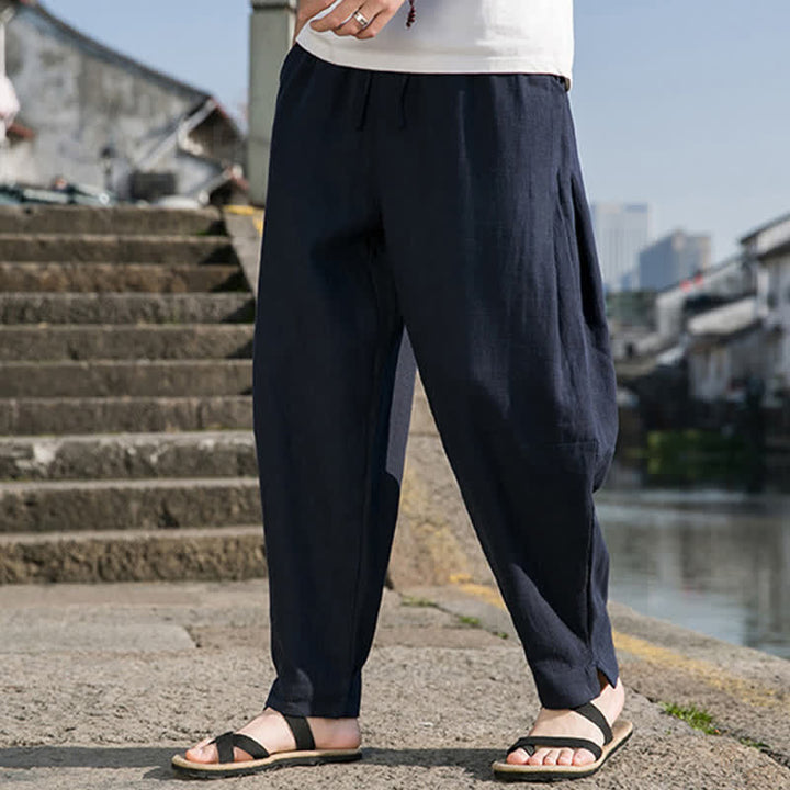 Buddha Stones Spring Summer Casual Minimalist Drawstring Solid Ramie Ankle Pants Men's Harem Pants With Pocket - image 15