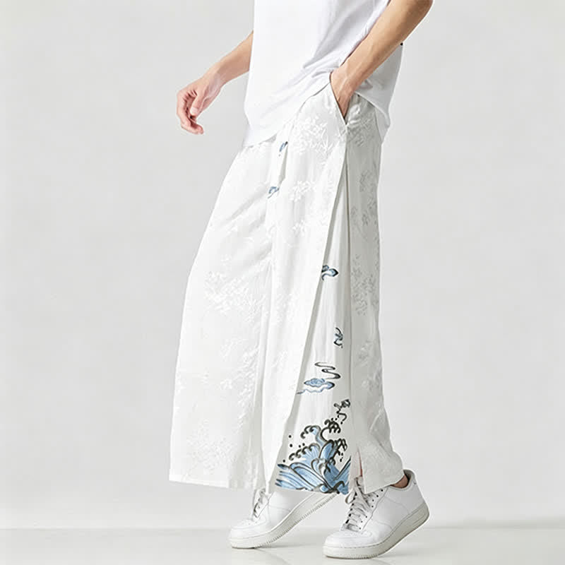 Buddha Stones Spring Summer Tang Style Drawstring Embroidery Abstract Cropped Pants Men's Wide Leg Pants With Pocket - image 18