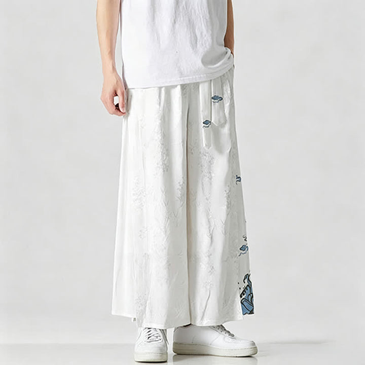 Buddha Stones Spring Summer Tang Style Drawstring Embroidery Abstract Cropped Pants Men's Wide Leg Pants With Pocket - image 19