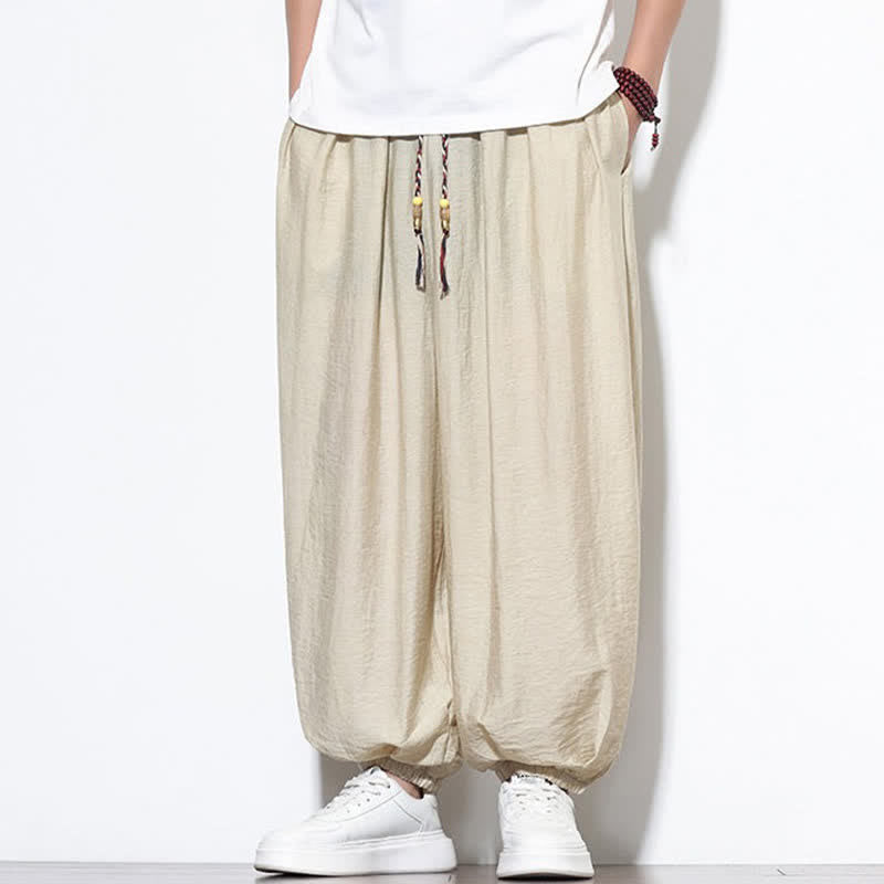 Buddha Stones Summer Casual Boho Drawstring Solid Cropped Pants Men's Harem Pants With Pocket - image 4