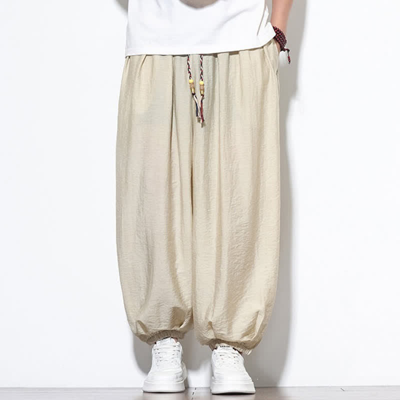Buddha Stones Summer Casual Boho Drawstring Solid Cropped Pants Men's Harem Pants With Pocket - image 6