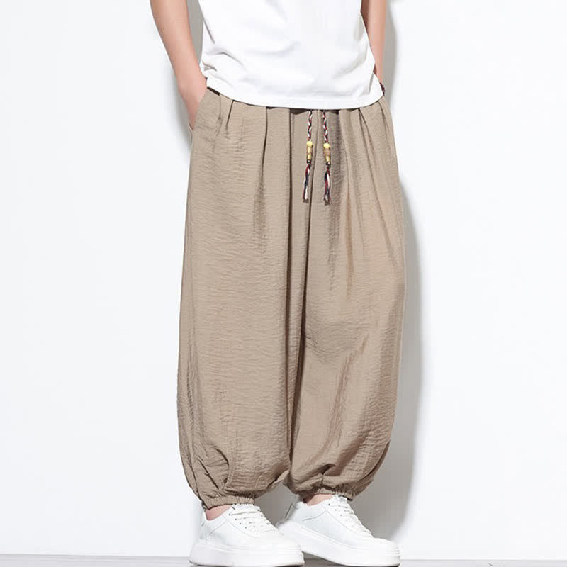Buddha Stones Summer Casual Boho Drawstring Solid Cropped Pants Men's Harem Pants With Pocket - image 30