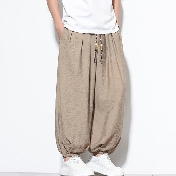 Buddha Stones Summer Casual Boho Drawstring Solid Cropped Pants Men's Harem Pants With Pocket - image 30