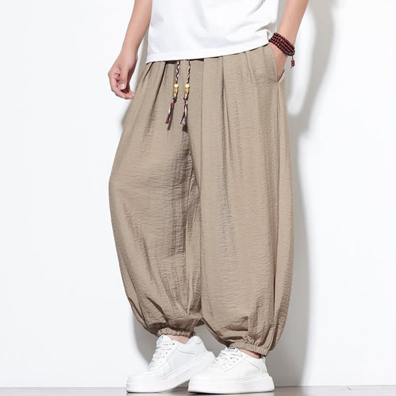 Buddha Stones Summer Casual Boho Drawstring Solid Cropped Pants Men's Harem Pants With Pocket - image 31