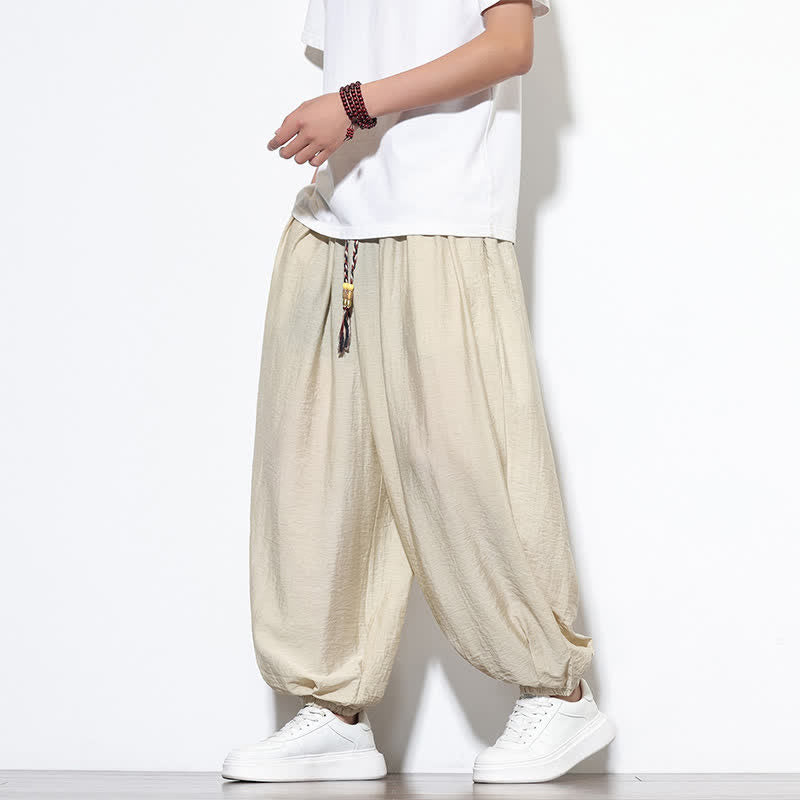 Buddha Stones Summer Casual Boho Drawstring Solid Cropped Pants Men's Harem Pants With Pocket - image 5