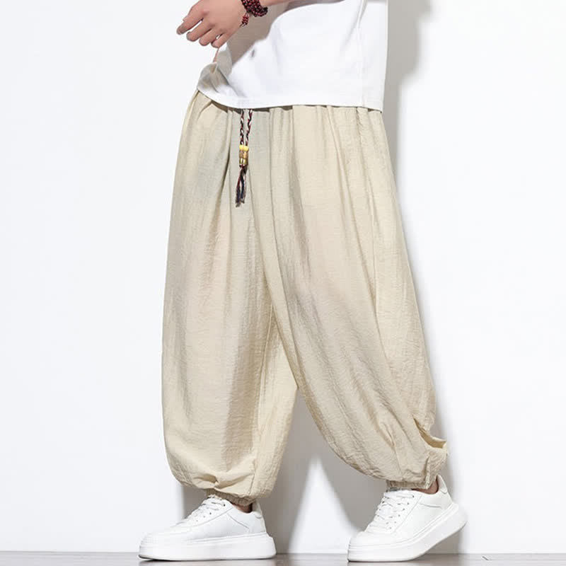 Buddha Stones Summer Casual Boho Drawstring Solid Cropped Pants Men's Harem Pants With Pocket - Beige - US/UK/AU46，EU56 (5XL) - image 0