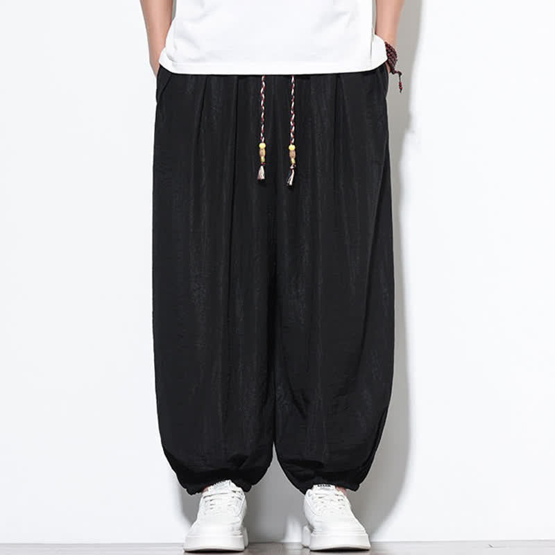 Buddha Stones Summer Casual Boho Drawstring Solid Cropped Pants Men's Harem Pants With Pocket - Black - US/UK/AU46，EU56 (5XL) - image 9