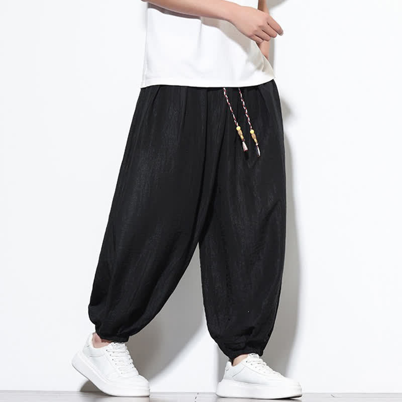 Buddha Stones Summer Casual Boho Drawstring Solid Cropped Pants Men's Harem Pants With Pocket - image 15