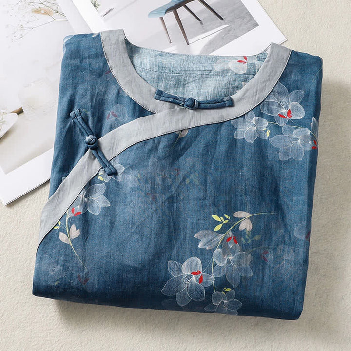 Buddha Stones Spring Summer Tang Style Vintage Frog Button Floral Cotton Linen Women's Elbow-Length Sleeve Shirts - image 2