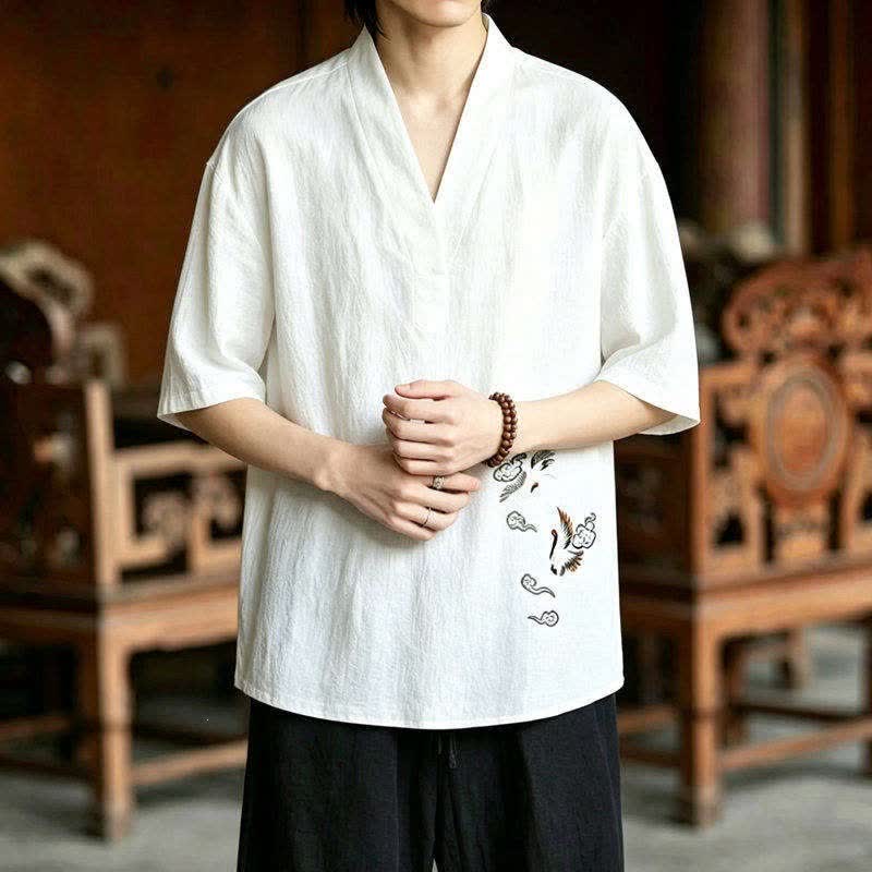 Buddha Stones 2Pcs Summer Tang Style Meditation Embroidery Crane Short Sleeve Shirt Shorts Men's Meditation Cloth With Pockets - image 7