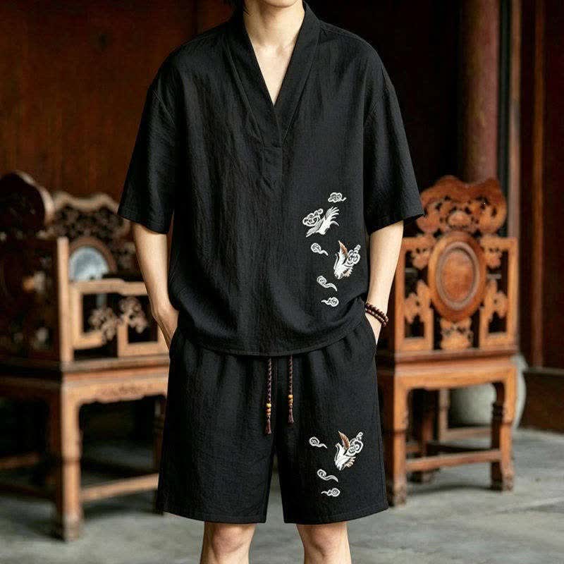 Buddha Stones 2Pcs Summer Tang Style Meditation Embroidery Crane Short Sleeve Shirt Shorts Men's Meditation Cloth With Pockets - Black Shirt+Black Shorts - US/UK/AU46，EU56 (5XL) - image 0