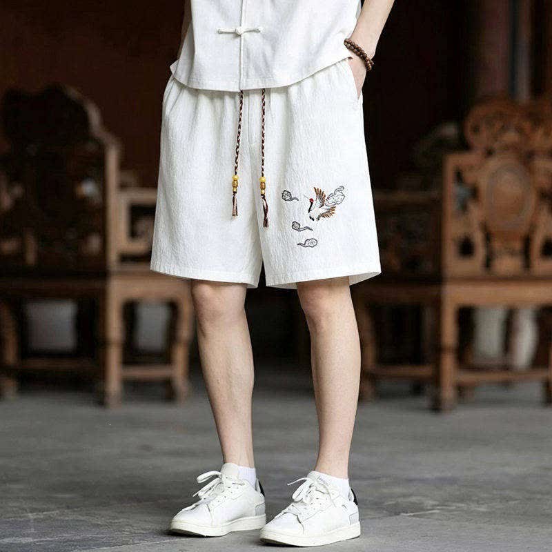 Buddha Stones 2Pcs Summer Tang Style Meditation Embroidery Crane Short Sleeve Shirt Shorts Men's Meditation Cloth With Pockets - image 12