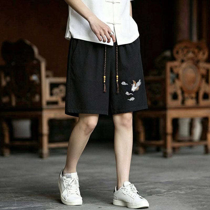 Buddha Stones 2Pcs Summer Tang Style Meditation Embroidery Crane Short Sleeve Shirt Shorts Men's Meditation Cloth With Pockets - image 2