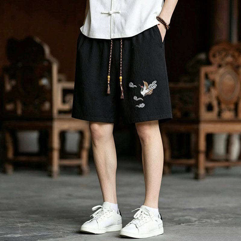 Buddha Stones 2Pcs Summer Tang Style Meditation Embroidery Crane Short Sleeve Shirt Shorts Men's Meditation Cloth With Pockets - image 3