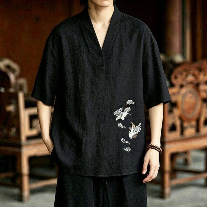 Buddha Stones 2Pcs Summer Tang Style Meditation Embroidery Crane Short Sleeve Shirt Shorts Men's Meditation Cloth With Pockets - image 1