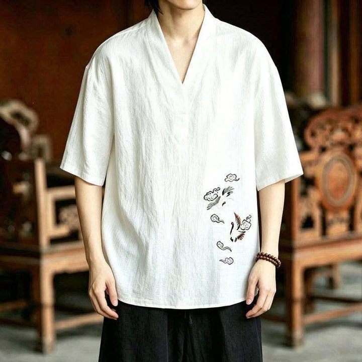 Buddha Stones 2Pcs Summer Tang Style Meditation Embroidery Crane Short Sleeve Shirt Shorts Men's Meditation Cloth With Pockets - image 6