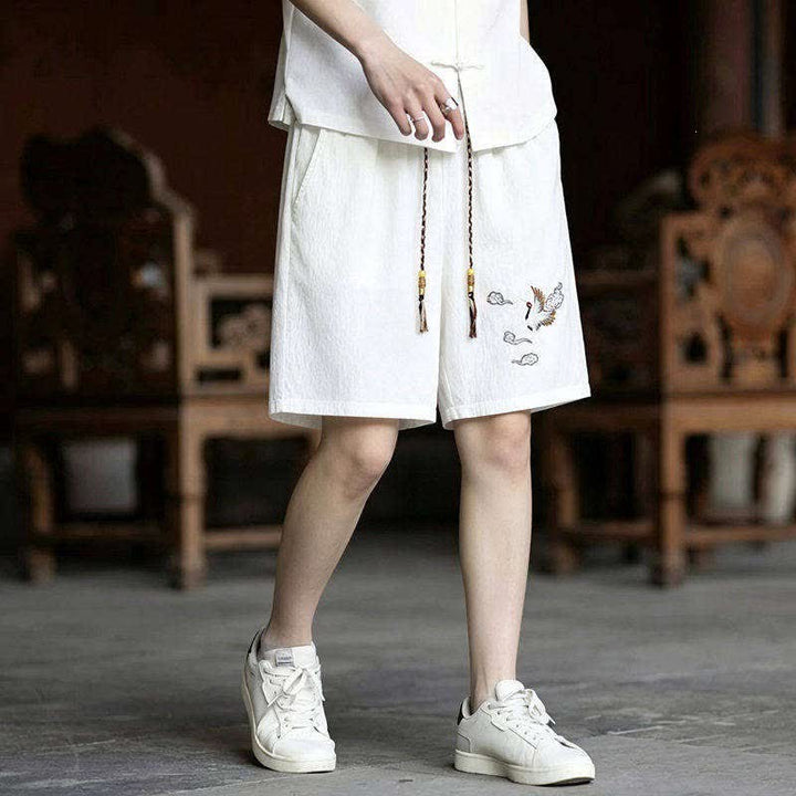 Buddha Stones 2Pcs Summer Tang Style Meditation Embroidery Crane Short Sleeve Shirt Shorts Men's Meditation Cloth With Pockets - image 10