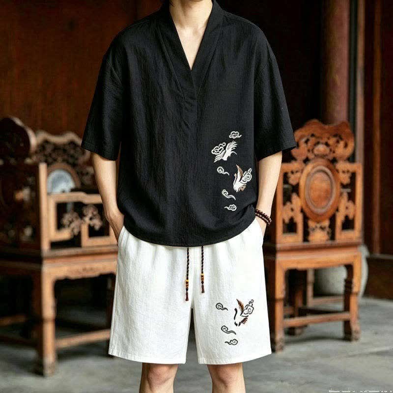 Buddha Stones 2Pcs Summer Tang Style Meditation Embroidery Crane Short Sleeve Shirt Shorts Men's Meditation Cloth With Pockets - Black Shirt+White Shorts - US/UK/AU46，EU56 (5XL) - image 4