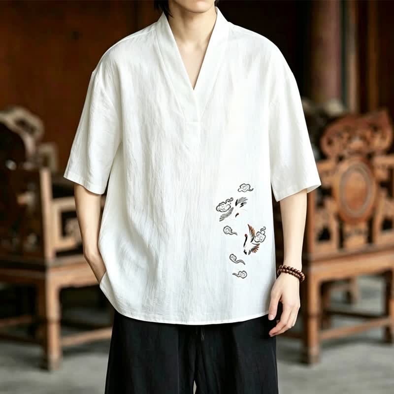 Buddha Stones 2Pcs Summer Tang Style Meditation Embroidery Crane Short Sleeve Shirt Shorts Men's Meditation Cloth With Pockets - image 8