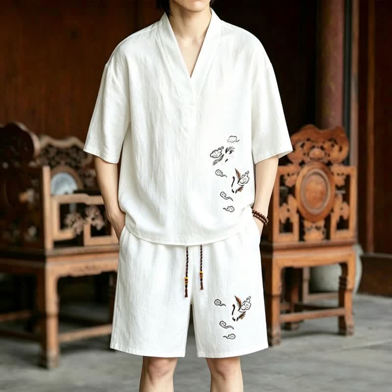 Buddha Stones 2Pcs Summer Tang Style Meditation Embroidery Crane Short Sleeve Shirt Shorts Men's Meditation Cloth With Pockets - White Shirt+White Shorts - US/UK/AU46，EU56 (5XL) - image 9