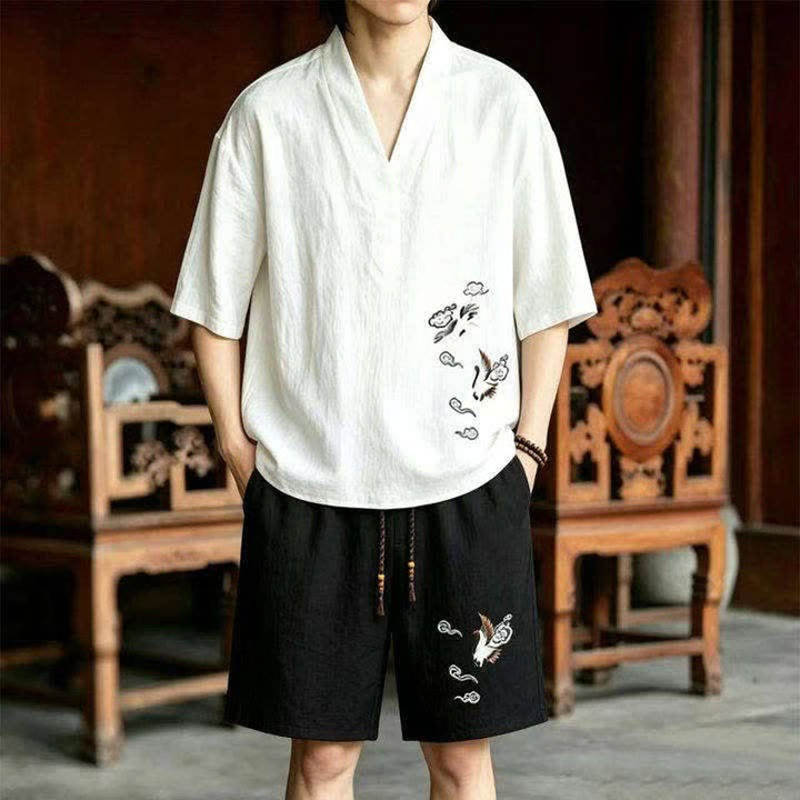 Buddha Stones 2Pcs Summer Tang Style Meditation Embroidery Crane Short Sleeve Shirt Shorts Men's Meditation Cloth With Pockets - White Shirt+Black Shorts - US/UK/AU46，EU56 (5XL) - image 5