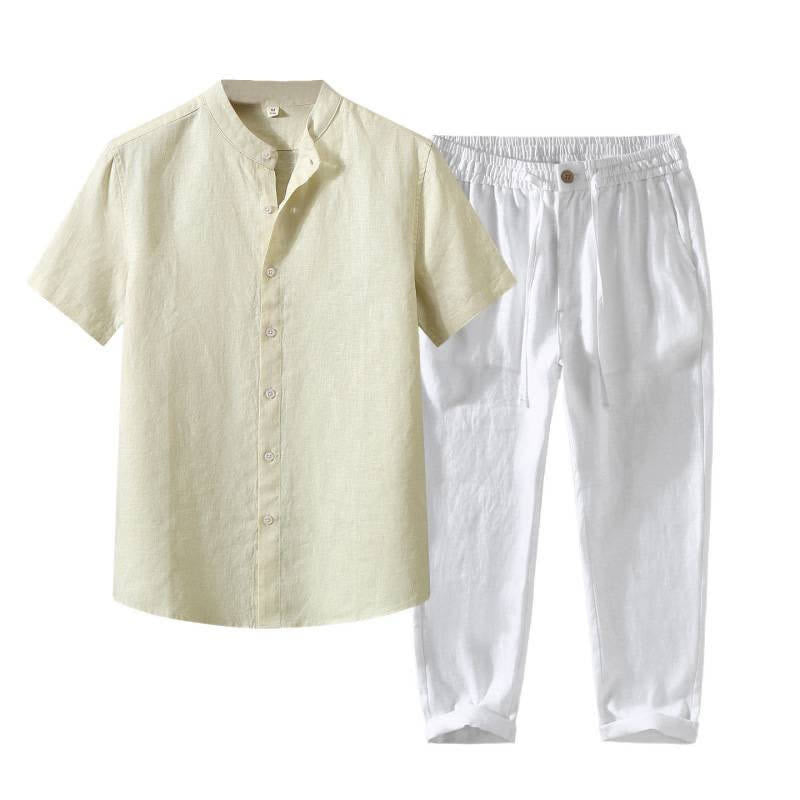 Buddha Stones 2Pcs Summer Tang Style Meditation Mandarin Collar Button-Up Solid Linen Short Sleeve Shirt Pants Men's Meditation Cloth With Pocket - image 18
