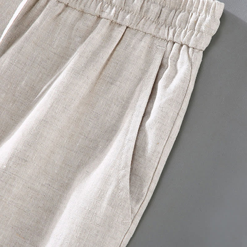 Buddha Stones 2Pcs Summer Tang Style Meditation Mandarin Collar Button-Up Solid Linen Short Sleeve Shirt Pants Men's Meditation Cloth With Pocket - image 7
