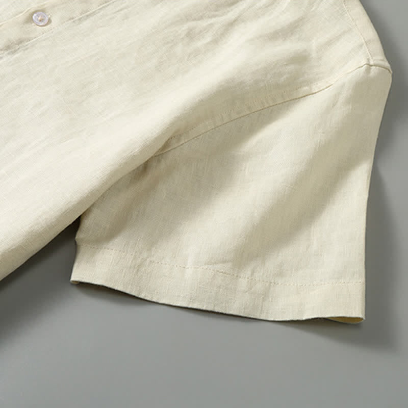 Buddha Stones 2Pcs Summer Tang Style Meditation Mandarin Collar Button-Up Solid Linen Short Sleeve Shirt Pants Men's Meditation Cloth With Pocket - image 14