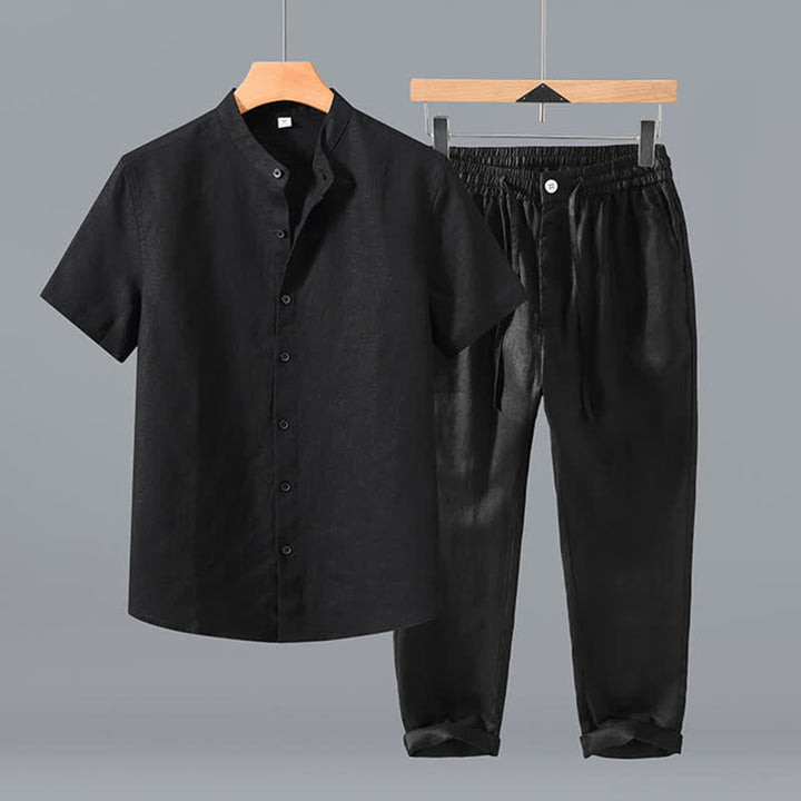 Buddha Stones 2Pcs Summer Tang Style Meditation Mandarin Collar Button-Up Solid Linen Short Sleeve Shirt Pants Men's Meditation Cloth With Pocket - Black Shirt+Pants - US/UK/AU42，EU52 (3XL) - image 1