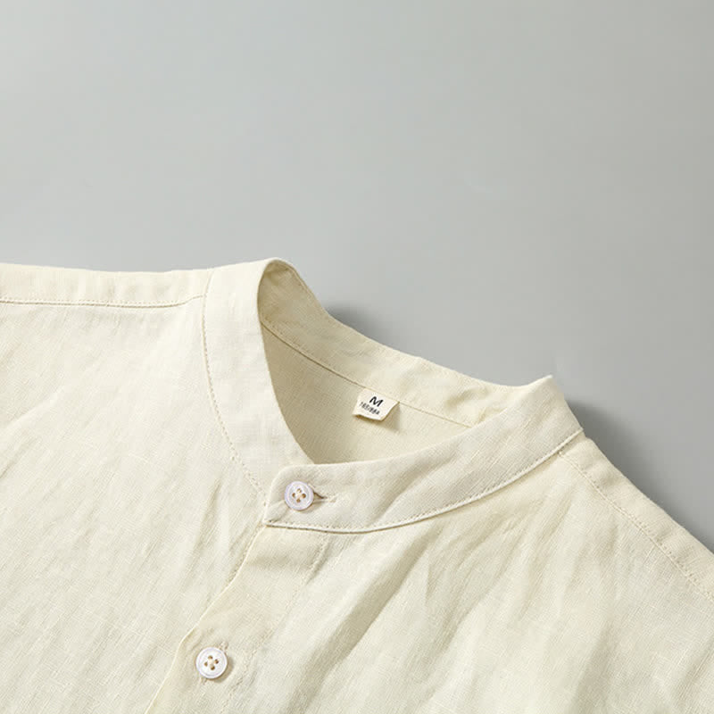 Buddha Stones 2Pcs Summer Tang Style Meditation Mandarin Collar Button-Up Solid Linen Short Sleeve Shirt Pants Men's Meditation Cloth With Pocket - image 12