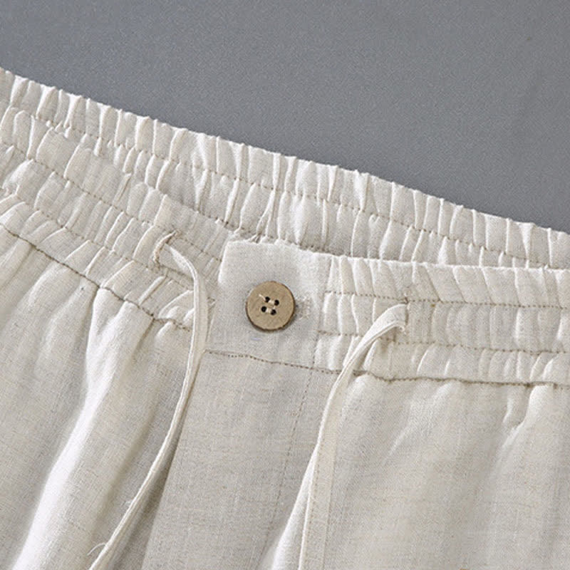 Buddha Stones 2Pcs Summer Mandarin Collar Button-Up Solid Linen Short Sleeve Shirt Shorts Men's Meditation Cloth With Pocket - image 2