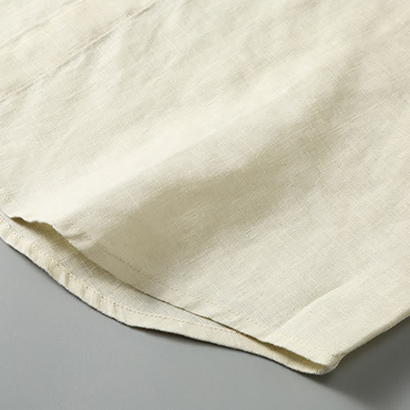 Buddha Stones 2Pcs Summer Mandarin Collar Button-Up Solid Linen Short Sleeve Shirt Shorts Men's Meditation Cloth With Pocket - image 16