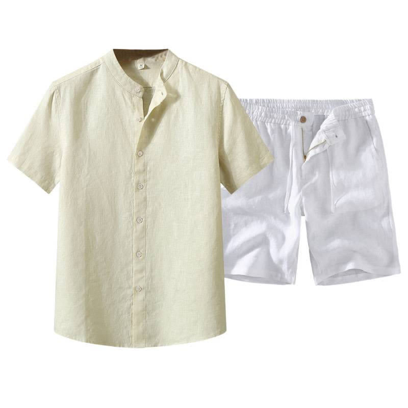 Buddha Stones 2Pcs Summer Mandarin Collar Button-Up Solid Linen Short Sleeve Shirt Shorts Men's Meditation Cloth With Pocket - image 11