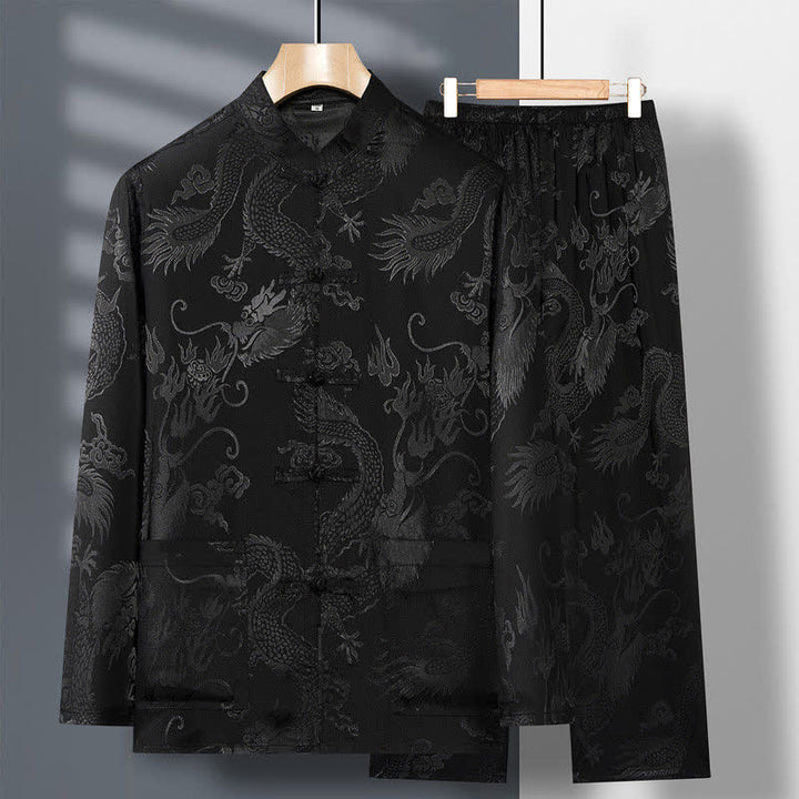 Buddha Stones 2Pcs Tang Suit Dragon Frog-Button Men's Long Sleeve Shirt Pants Clothing Set - Black - US/UK/AU42，EU52 (3XL) - image 19