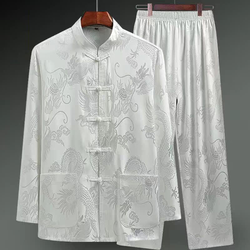 Buddha Stones 2Pcs Tang Suit Dragon Frog-Button Men's Long Sleeve Shirt Pants Clothing Set - White - US/UK/AU42，EU52 (3XL) - image 16