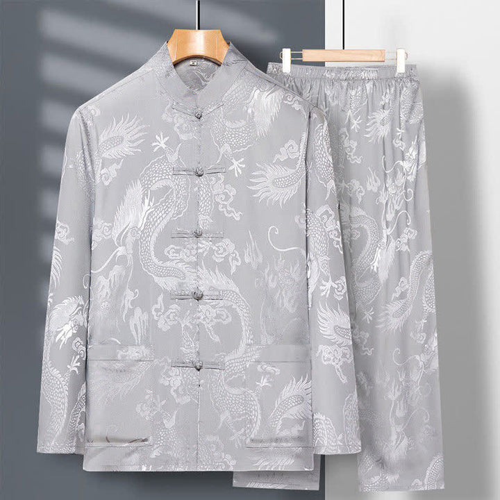 Buddha Stones 2Pcs Tang Suit Dragon Frog-Button Men's Long Sleeve Shirt Pants Clothing Set - LightGrey - US/UK/AU42，EU52 (3XL) - image 6