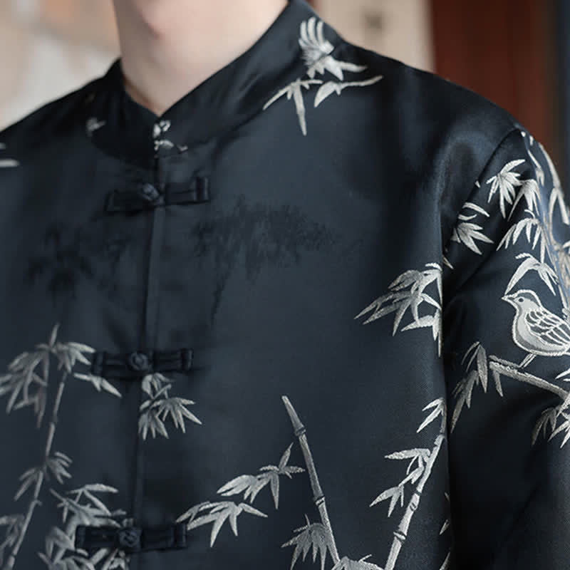 Buddha Stones Fall Winter Tang Style Vintage Mandarin Collar Crane Print Men's Jackets With Pocket - image 16