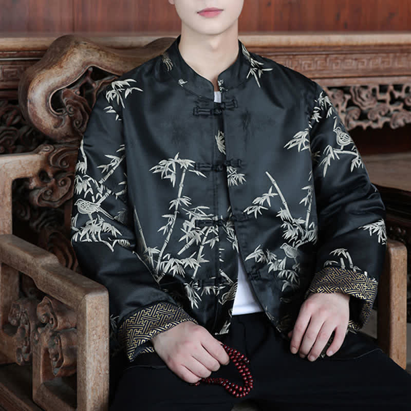 Buddha Stones Fall Winter Tang Style Vintage Mandarin Collar Crane Print Men's Jackets With Pocket - image 14