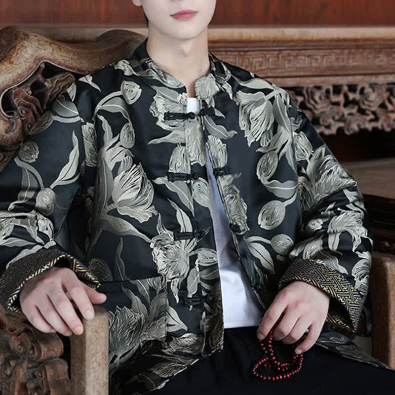 Buddha Stones Fall Winter Tang Style Vintage Mandarin Collar Crane Print Men's Jackets With Pocket - image 25