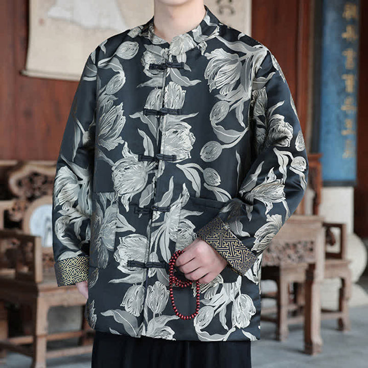 Buddha Stones Fall Winter Tang Style Vintage Mandarin Collar Crane Print Men's Jackets With Pocket - image 21
