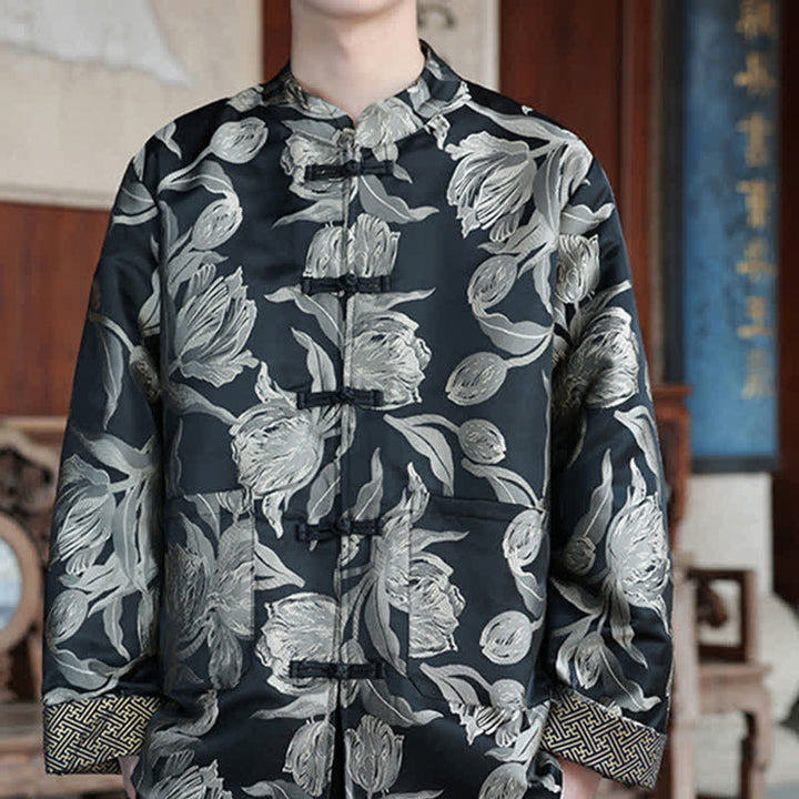 Buddha Stones Fall Winter Tang Style Vintage Mandarin Collar Crane Print Men's Jackets With Pocket - image 20