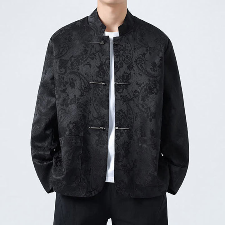Buddha Stones Fall Winter Tang Style Vintage Mandarin Collar Frog Button Floral Men's Jackets With Pocket - Black - US/UK/AU46，EU56 (5XL) - image 0