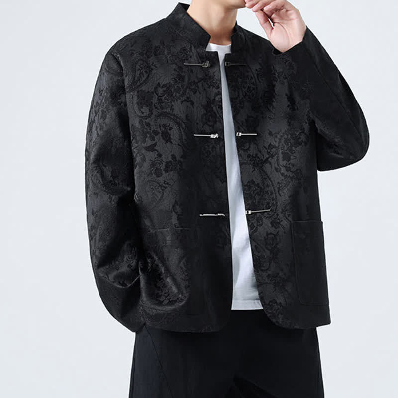 Buddha Stones Fall Winter Tang Style Vintage Mandarin Collar Frog Button Floral Men's Jackets With Pocket - image 2