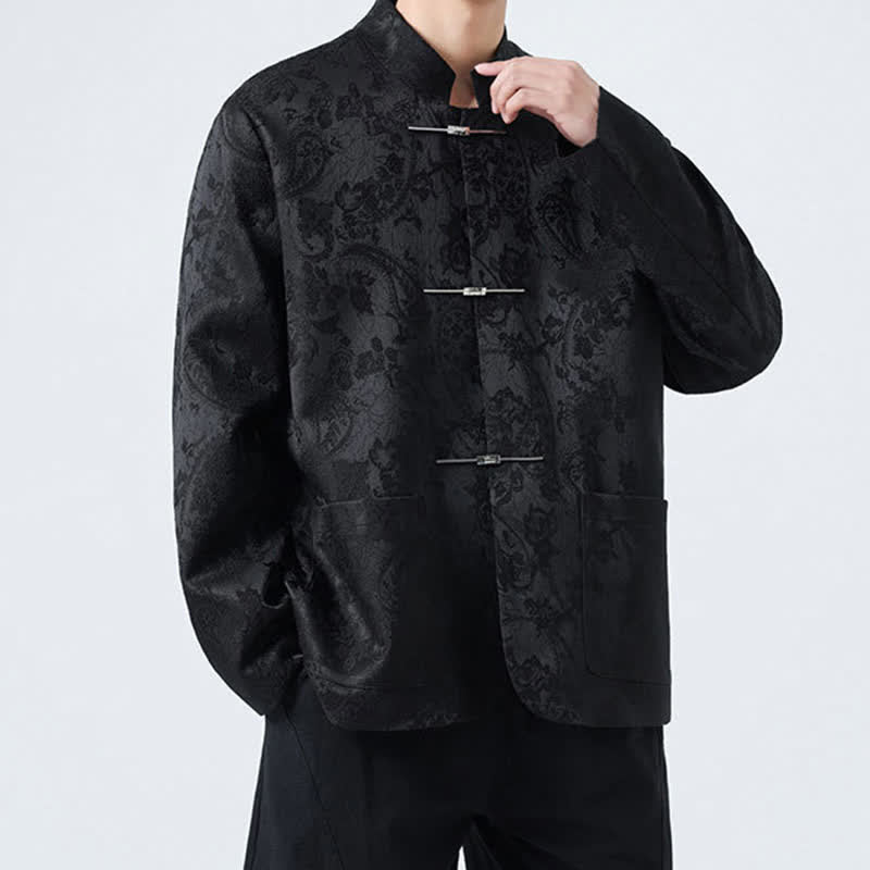 Buddha Stones Fall Winter Tang Style Vintage Mandarin Collar Frog Button Floral Men's Jackets With Pocket - image 1
