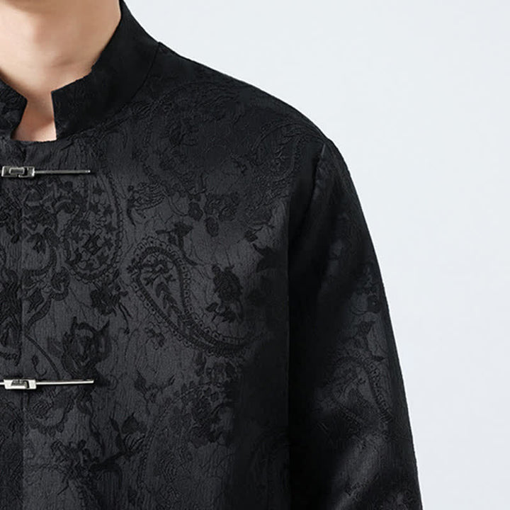 Buddha Stones Fall Winter Tang Style Vintage Mandarin Collar Frog Button Floral Men's Jackets With Pocket - image 5